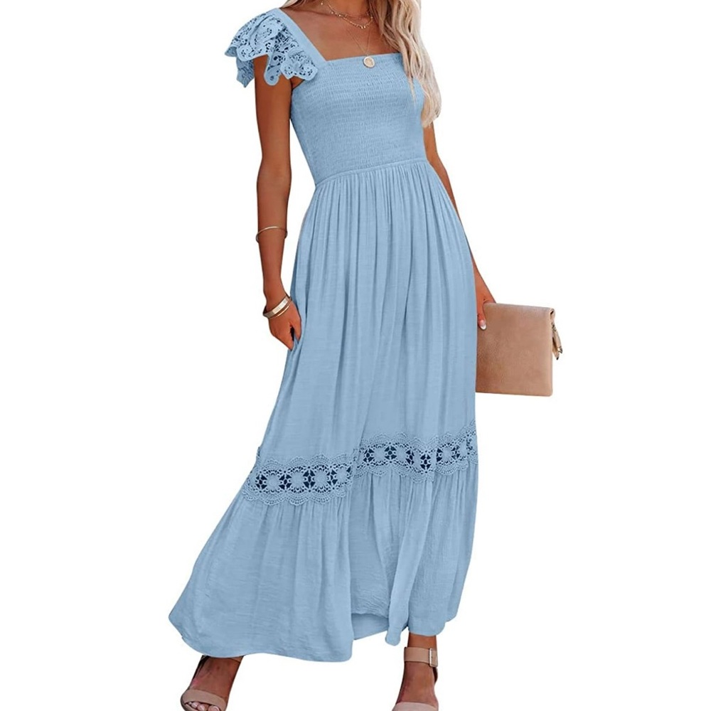 Women's Lace Strap Sleeveless Smocked Ruffle  Flowy Maxi Dress NWOT sz MED